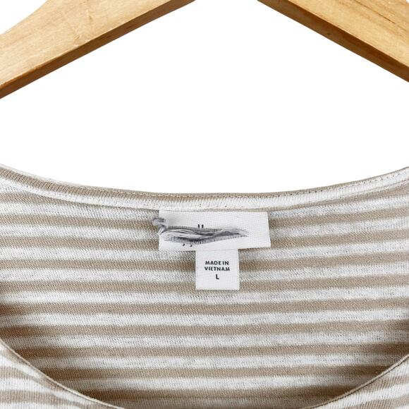 J. Jill Tan White Striped Linen Blend Cold Shoulder T Shirt Sz L - Picture 2 of 4